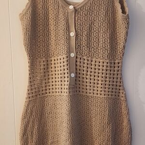 Elegant Tan Crochet Button-Down Dress